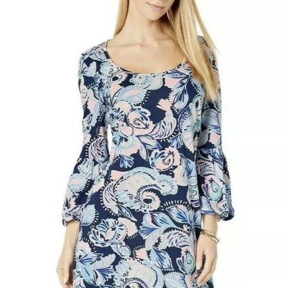 Lilly Pulitzer Dresses & Skirts - Lilly Pulitzer CARLILE Dress Sz XL Bubble Sleeve High Tife Navy Holy Flockamolie